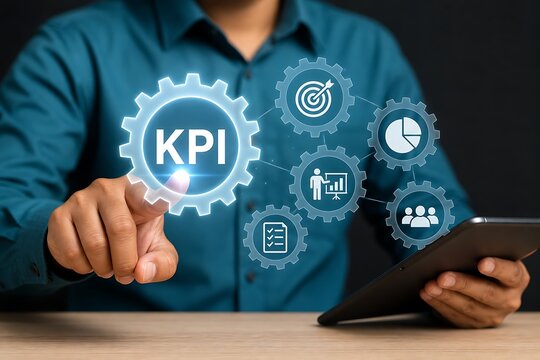 Hand touching kpi hologram with business icons floating above a tablet