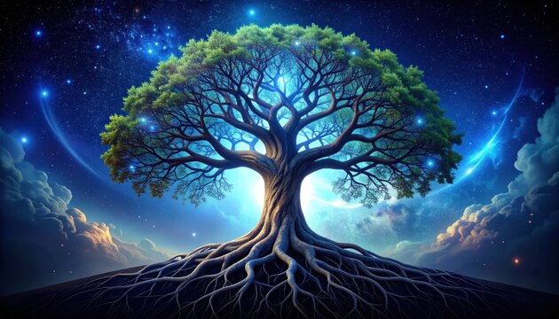Tree with glowing roots in space.