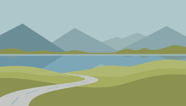 Beautiful scenic landscape featuring a winding road passing through green hills next to a peaceful lake and mountains.