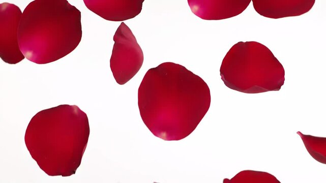 Red Rose Petals Falling in Slow Motion Against White Background