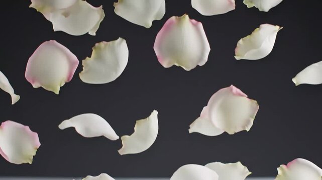 White Rose Petals Falling in Slow Motion Against Dark Background