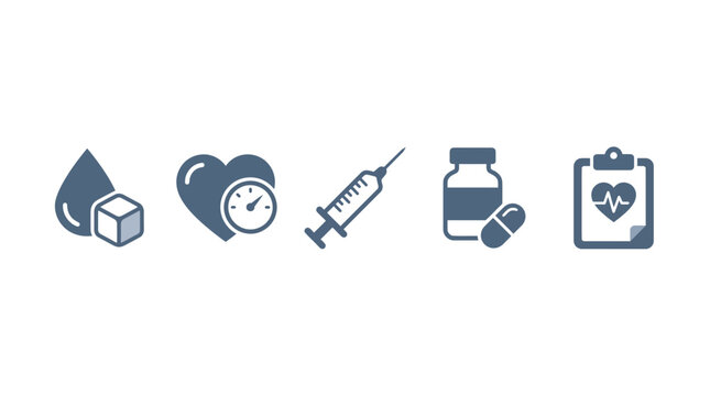 Medical healthcare icons depicting blood sugar, heart health, insulin injections, medication pills and clinical patient charts