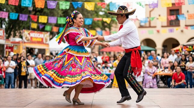 Mexican folkloric dancers performing traditional dance during Hispanic Heritage Month festival, wearing colorful Jalisco dress and charro outfit.