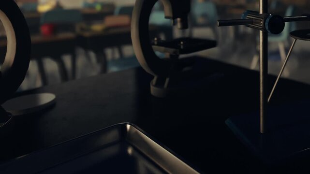 In a classroom, several microscopes sit on a table with a dark surface. Desks are arranged in the background, indicating an active learning environment.