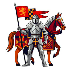 Fototapeta premium Brave medieval knight with polished steel armor standing beside a decorated warhorse holding a red heraldic flag, concept for historic chivalry, suitable for gaming graphics and book illustrations