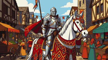 Fototapeta premium Brave medieval knight on a white horse riding through a bustling village marketplace with timber houses, concept for historical chivalry and heroism, ideal for fantasy book covers and gaming.