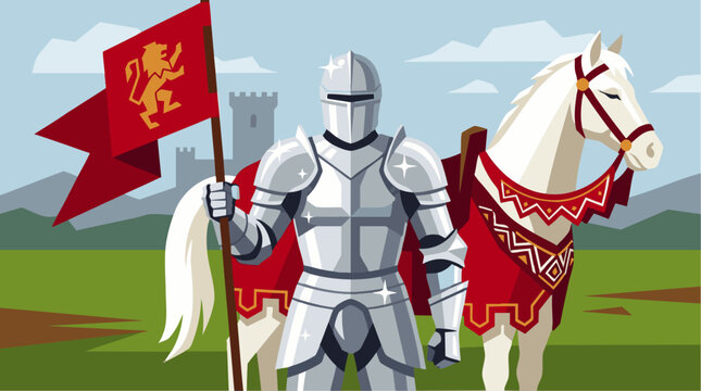 Gallant medieval knight standing next to majestic white horse holding red lion banner with stone castle in background, concept for heroic chivalry, fantasy gaming character design and book cover