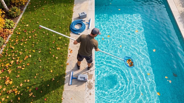 High-angle view of a pool maintenance technician using a skimmer net to remove fallen autumn leaves from a clear outdoor swimming pool.