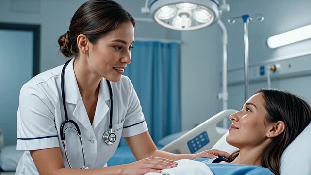 Medical - Caucasian female nurse checking on a smiling female patient in a hospital room