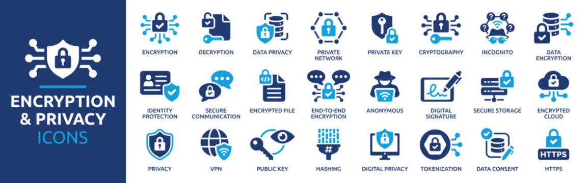 Encryption and Privacy Icon Set. Data Security, Digital Privacy and Cybersecurity Solid Vector Icons Collection