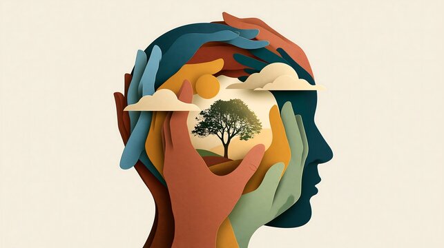 Paper cutout illustration of a head profile composed of diverse hands protecting a growing tree for mental health and nature concepts.