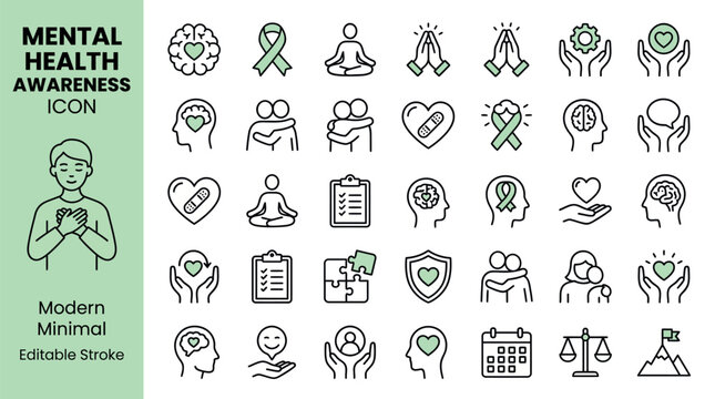 Mental Health Awareness Icons Set, Editable Stroke Wellness Mindfulness Brain Heart Ribbon Lotus Puzzle Compassion Support Vector Collection