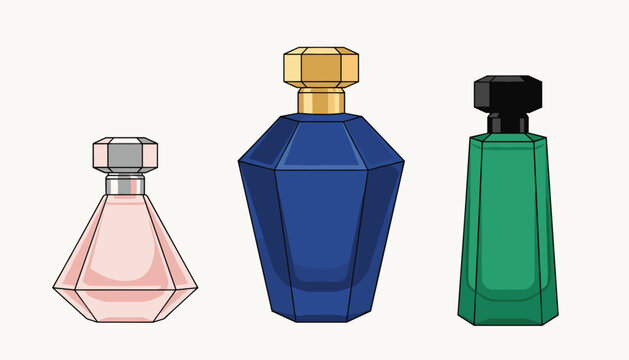 Three elegant geometric glass perfume bottles in pink, blue, and green colors with gold and black caps on white background.