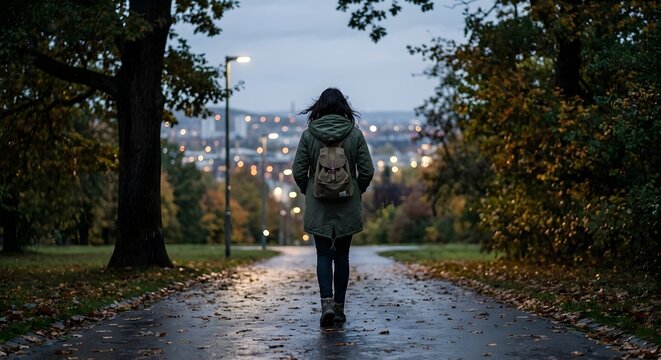 Back view of a woman in a green parka with a backpack walking down a wet park path at twilight towards a blurry city skyline with glowing bokeh street lights in autumn.