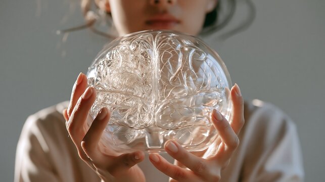 Young woman holding delicate transparent glass model of human brain representing mental clarity and cognitive health.