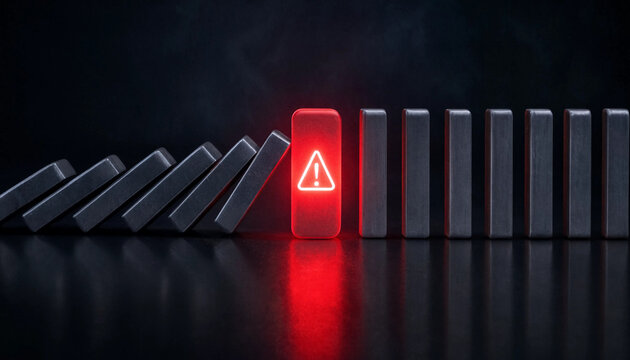 Glowing red block with warning sign stopping the falling domino effect representing risk mitigation and business continuity