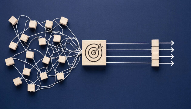 Tangled white strings with scattered wooden blocks converging through a bullseye target and emerging as straight arrows and aligned cubes representing operational streamlining and strategic business.