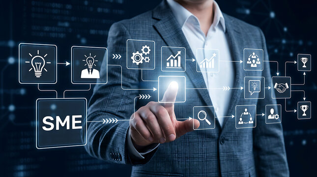 Businessman Touching SME Virtual Screen For Small And Medium Enterprise Strategy