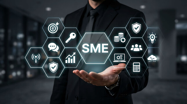 Businessman holding SME icon for small medium enterprise business growth