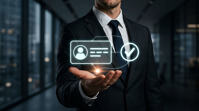 Businessman holding digital id card verification and identity security concept