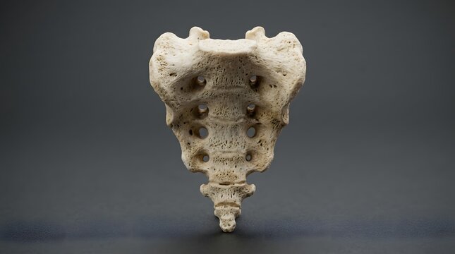 A detailed anatomical illustration of the human sacrum bone, showcasing its intricate structure on a neutral background