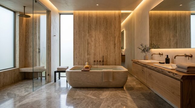 Luxury modern bathroom with natural wood and stone, freestanding tub, rainfall shower.