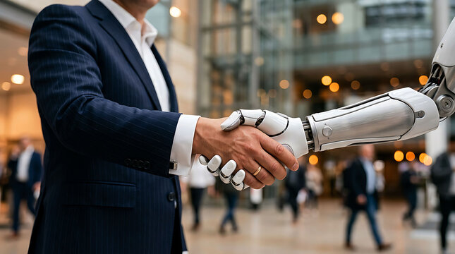 Businessman shaking hands with robot representing artificial intelligence partnership