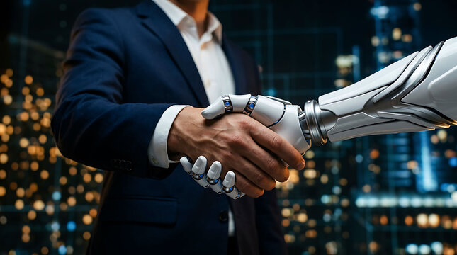 Businessman and futuristic robot shaking hands representing AI collaboration