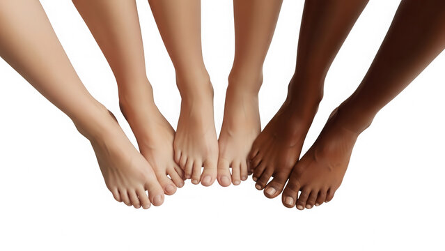 Diverse group of people standing together showing feet isolated on transparent background