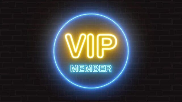 VIP member neon light glowing text animation isolated on black background