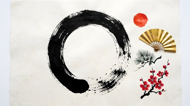 Japanese zen circle ensou brush stroke with gold fan and red