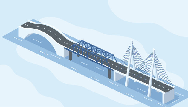 Modern complex isometric bridge structure over water combining suspension, arch, and truss architectural sections.