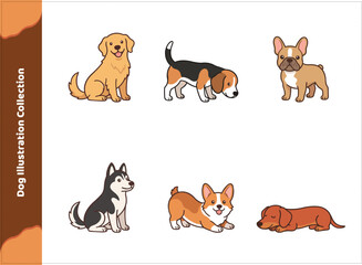 Obraz premium A delightful collection of six various dog breeds illustration showcasing different poses and expressions