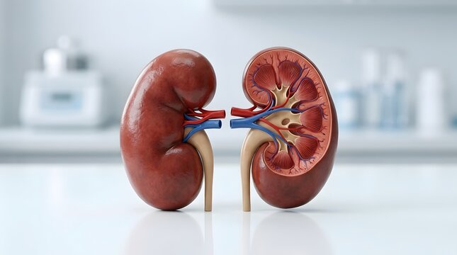Anatomical illustration of a healthy human kidney, showcasing its intricate internal structure and vascular system