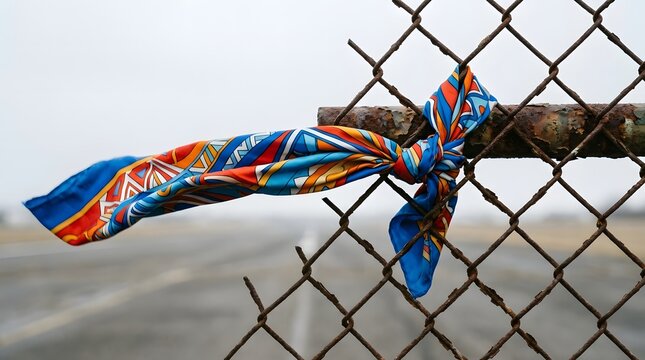 Colorful patterned silk scarf tied to rusty chainlink wire fence representing border crossing longing for freedom and migrant journey concepts