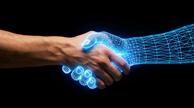 AI digital wireframe hand shaking human hand futuristic partnership technology