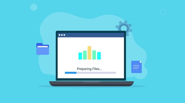 Animated laptop with Preparing Files interface, file and folder icons, and a colorful loading chart, representing file management, data processing, software, and digital workflows.