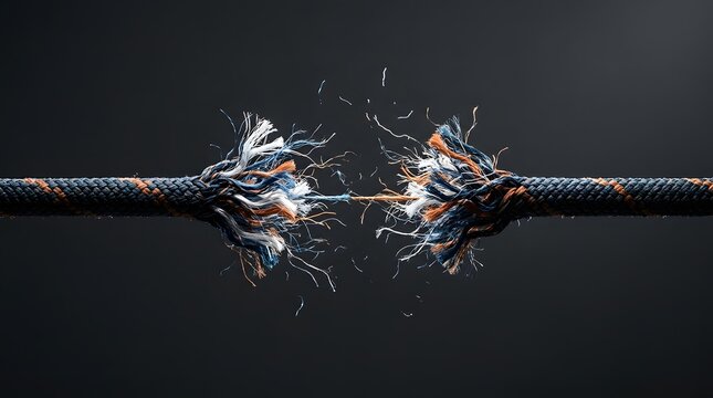 Frayed braided rope snapping under intense tension on dark background representing stress burnout breaking point and psychological pressure concepts