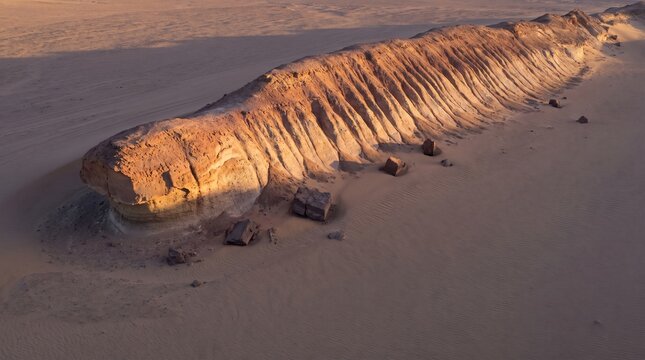A yardang carved into a streamlined ridge by prevailing wind