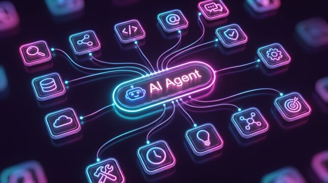 Ai agent control visualization with neon icons with agent surrounded connections technology interface network digital graphic design robot cyber
