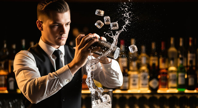 Professional bartender shaking a cocktail with dramatic ice and water splash in a dimly lit bar interior
