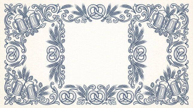 Blue line art border with pretzels, beer, and hops.