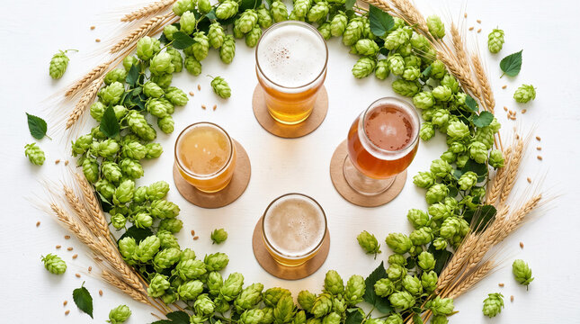 Four beer glasses in circle with hops and wheat on white.