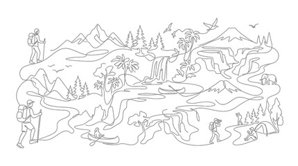 Fototapeta premium Continuous line drawing of outdoor adventure landscape with hikers and nature.
