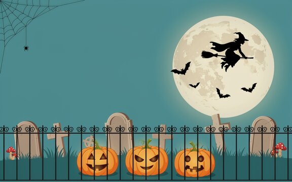 Spooky halloween background featuring a witch flying over a graveyard with pumpkins and a full moon