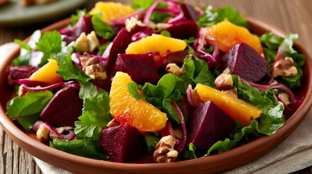 A vibrant salad with sliced beets  orange segments  fresh greens  and chopped nuts in a rustic bowl