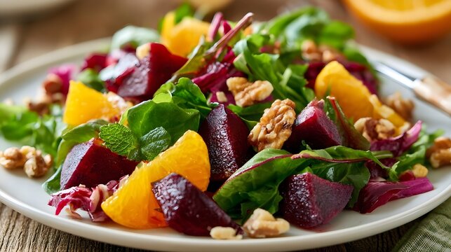 A vibrant salad featuring sliced beets  orange segments  fresh greens  and chopped walnuts on a white plate