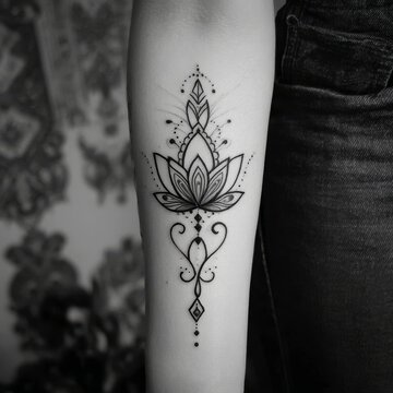 Detailed black and grey fine line tattoo on a forearm with dotwork shading, botanical and geometric elements. Modern blackwork body art for tattoo studios, portfolios and social media.