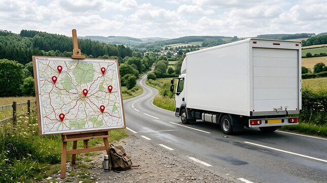 Logistics and delivery truck on a winding road with a map on an easel showing multiple delivery locations