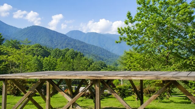 Panoromic daytime view of lush green mountain forest from outdoor wooden balcony deck
